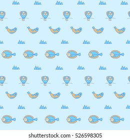 Vector seamless pattern with north polar animals - owl, flounder, seal, icebergs
