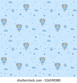 Vector seamless pattern with north polar owl, icebergs, snow, snowflakes and blizzard
