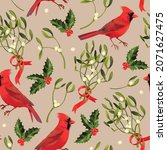 Vector seamless pattern with northern cardinals, mistletoe and holly