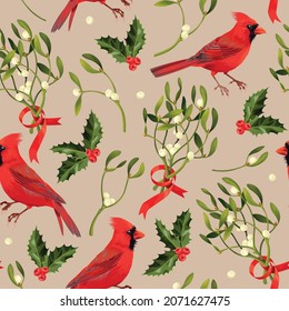 Vector seamless pattern with northern cardinals, mistletoe and holly