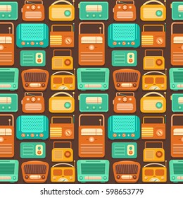 Vector seamless pattern nostalgia. Retro pattern with tape recorders and radio. Vintage template with a retro object. Music 90s, 80s, 70s, 60s. Background for banner, invitation, card, album.
