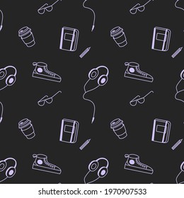 Vector seamless pattern with notepad and pencil, sneakers, headphones, glasses, elements for walking in doodle style on a black background. Children's illustration for postcards, packaging, packaging.