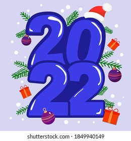 Vector seamless pattern with the number 2022 decorated with gifts, balloons, Christmas tree branches