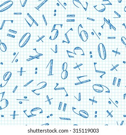 Vector seamless pattern of numbers. Mathematical background. Hand Drawn Doodles illustration