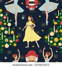 Vector seamless pattern with Nutcracker and ballerinas character in cartoon style. Nutcracker christmas background