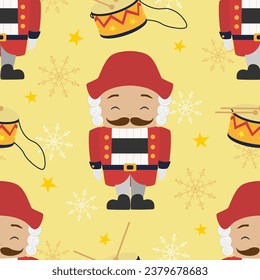 Vector seamless pattern with Nutcracker character in cartoon style. Nutcracker christmas background