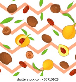 Vector seamless pattern Nutmeg spice fruit. Striped zig-zag background with Nutmeg nuts fruit in the shell, whole, shelled, leaves appetizing looking for design of healthy food, printing on fabric