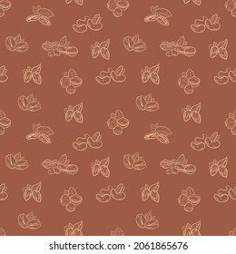 Vector seamless pattern, nuts, background template, assortment outline nuts, pistachio, hazelnut, peanut, pecan, almond, cashew, nut mix.