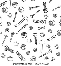 Vector seamless pattern with nuts, bolts, nails, screws, hammers, wrenches, screwdrivers on white background. Great for fabrics, wrapping papers, wallpapers, covers. Doodle style, black ink.