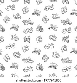 Vector seamless pattern, NUTS, different nuts, black and white outline illustration, background template.