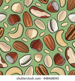 Vector seamless pattern with nuts in hand drawn style: hazelnut, almonds, peanuts, walnut, cashew, pine nut, pistachios pecan 