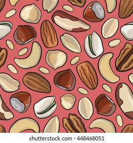 Vector seamless pattern with nuts in hand drawn style: hazelnut, almonds, peanuts, walnut, cashew, pine nut, pistachios pecan 