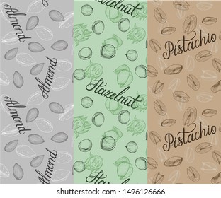 Vector seamless pattern of nuts, hazelnuts, almonds and pistachios. Sketch, hand draw. Pattern for packaging.