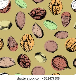Vector seamless pattern with nuts. Ink drawn healthy food illustration in sketch style for textile, wrapping, print, menu and other seamless vintage design.