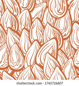 Vector seamless pattern. Nuts, seed set. Art line sketch. Texture shape on white background. Organic snack, vegan milk, natural oil. Hand drawn print