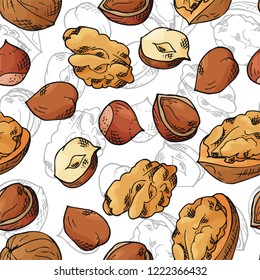 Vector seamless pattern with nuts and seeds. Pistachios, brasil nuts, pecan, hazelnut, nutmeg, cashew background. Hand drawn elements in sketch style.