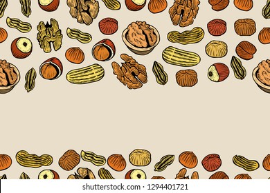 Vector seamless pattern with nuts and seeds. Pistachios, brasil nuts, pecan, hazelnut, nutmeg, cashew background. Hand drawn elements in sketch style.
