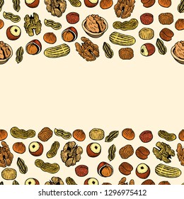 Vector seamless pattern with nuts and seeds. Pistachios, brasil nuts, pecan, hazelnut, nutmeg, cashew background. Hand drawn elements in sketch style.