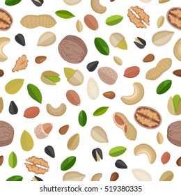 Vector seamless pattern with nuts and seeds. Flat design. Traditional snack. Healthy food. Ornament for wallpaper, polygraphy, textile, web page design, surface textures. Isolated on white background.