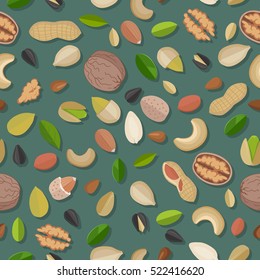 Vector seamless pattern with nuts and seeds. Flat design. Traditional snack. Healthy food. Ornament for wallpaper, polygraphy, textile, web design, surface textures. Isolated on colored background.