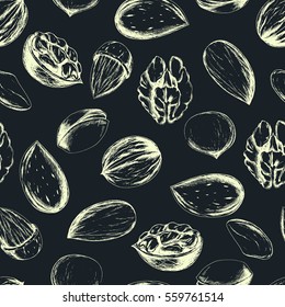 Vector seamless pattern with nuts and seeds. Hand drawn food illustration with healthy snack for wrapping, fabric, print and other seamless design. Black and white.