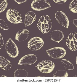 Vector seamless pattern with nuts and seeds on brown. Hand drawn food illustration with healthy snack for wrapping, fabric, print and other seamless design.