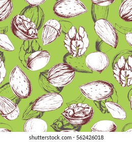 Vector seamless pattern with nuts and seeds on may green. Ink drawn healthy food illustration in sketch style for textile, wrapping, print, menu and other seamless vintage design.