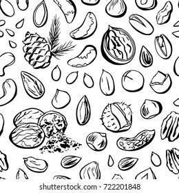 Vector seamless pattern Nuts and seeds. Hand drawn elements with black outline on white background. Almond, cashew, peanut, walnut, pecan, macadamia, brazil nut, hazelnut, pumpkin and sunflower seeds.