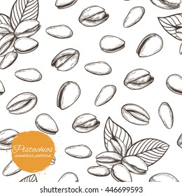 Vector seamless pattern with nuts in vintage style. Linear silhouettes outline plant pistachios