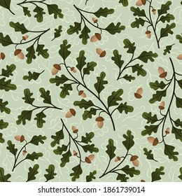 Vector seamless pattern with oak foliate twigs and acorns; for wrapping paper, greeting cards, posters, banners, packaging.