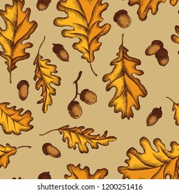 Vector seamless pattern of oak leaves and acorns. Hand drawn vector illustration