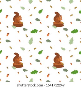 vector seamless pattern of oak leaves, acorns and squirrels