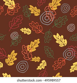 Vector seamless pattern of oak leaves on dark background. For fabric, cloth design, wallpaper, printing