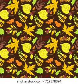 Vector seamless pattern with oak, maple, aspen leaves and plants on  background. Perfect for wallpaper, gift paper, autumn greeting cards.