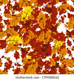 Vector seamless pattern with oak yellow leaves and acorns