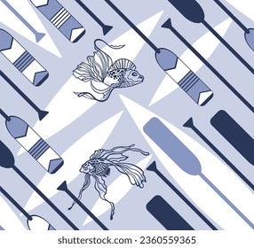 Vector seamless pattern with oars and fish. Geometric pattern in blue colors. Silhouettes of fish and a boat. Design for printing on fabric, textile, packaging, paper.