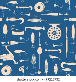 Vector seamless pattern with objects of fish equipment images