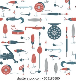 Vector seamless pattern with objects of fishing equipment