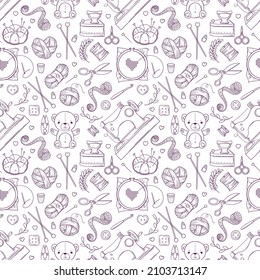 Vector seamless pattern with objects for sewing, knitting and hand craft in doodle style