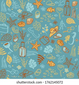 Vector seamless pattern, objects and travel items to your favorite places in the world, vacation. Such a joyful texture can be used for fabrics of bags, covers, and blondes.