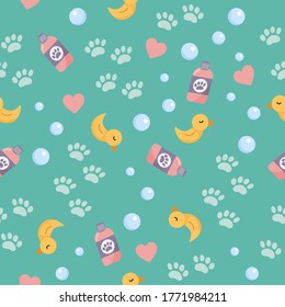 Vector seamless pattern of objects for washing. Cute cartoon yellow duck for bath, bubbles and paws. Pet wash and grooming. Illustration on blue background.
