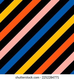 Vector seamless pattern with oblique colorful stripes and black background