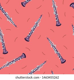 Vector seamless pattern with oboes. Сlassical musical instruments. Violet and golden colors. Isolated objects.  Pink background. 