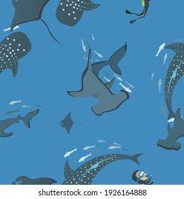 vector seamless pattern ocean ,A diver swims with whales, stingrays and Hammerhead shark in the ocean.