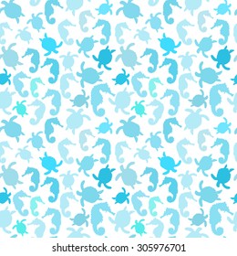 vector seamless pattern with ocean animal sea Horse, turtle.