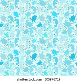 vector seamless pattern with ocean animal sea Horse, turtle and dot background.