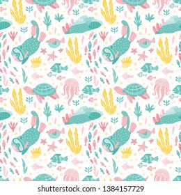 Vector seamless pattern with  ocean creatures - fish, cat snorkling  turtles, jellyfish, corals, seaweed.  Hand Drawn under water  illustration