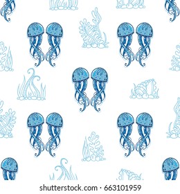 Vector seamless pattern. Ocean jellyfishes (medusa) with wave tentacles, seaweeds, water bubbles. Perfect for background, wallpaper, texture, paper, textile, cotton fabric and more 