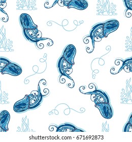 Vector seamless pattern. Ocean jellyfishes (medusa) with wave tentacles, seaweeds, water bubbles. Perfect for background, wallpaper, texture, paper, textile, cotton fabric and more