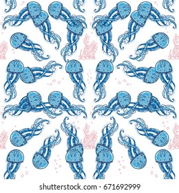 Vector seamless pattern. Ocean jellyfishes (medusa) with wave tentacles, seaweeds, water bubbles. Perfect for background, wallpaper, texture, paper, textile, cotton fabric and more 